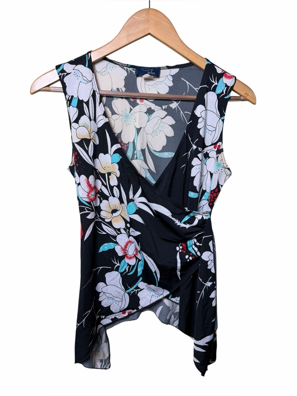 RAG Black Floral Asymmetrical Wrap Top Y2K Fairy Grunge Sleeveless Size Small